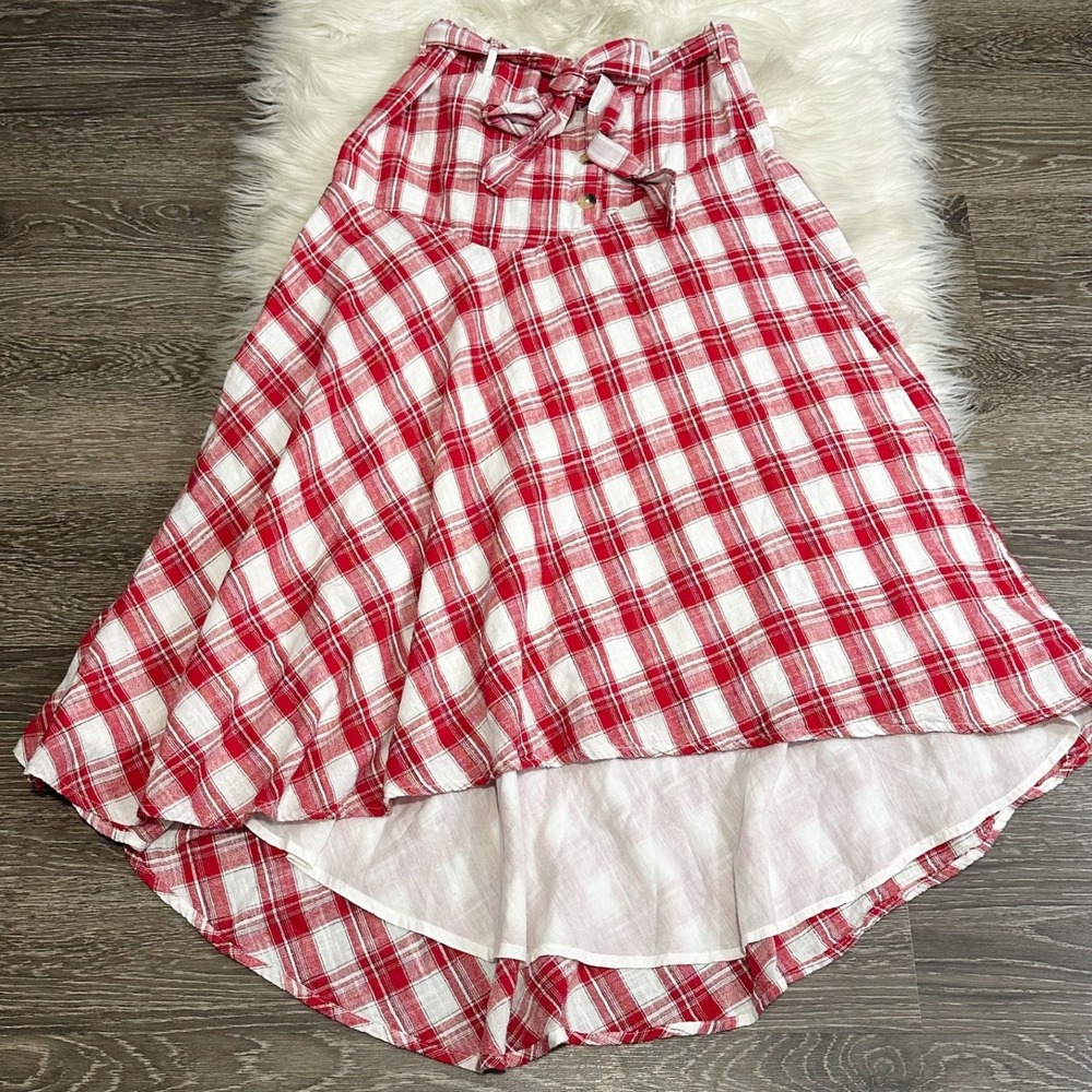 Free People Womens Red Plaid Maxi‎ Skirt Size XS Tie Detail Hi Lo Length